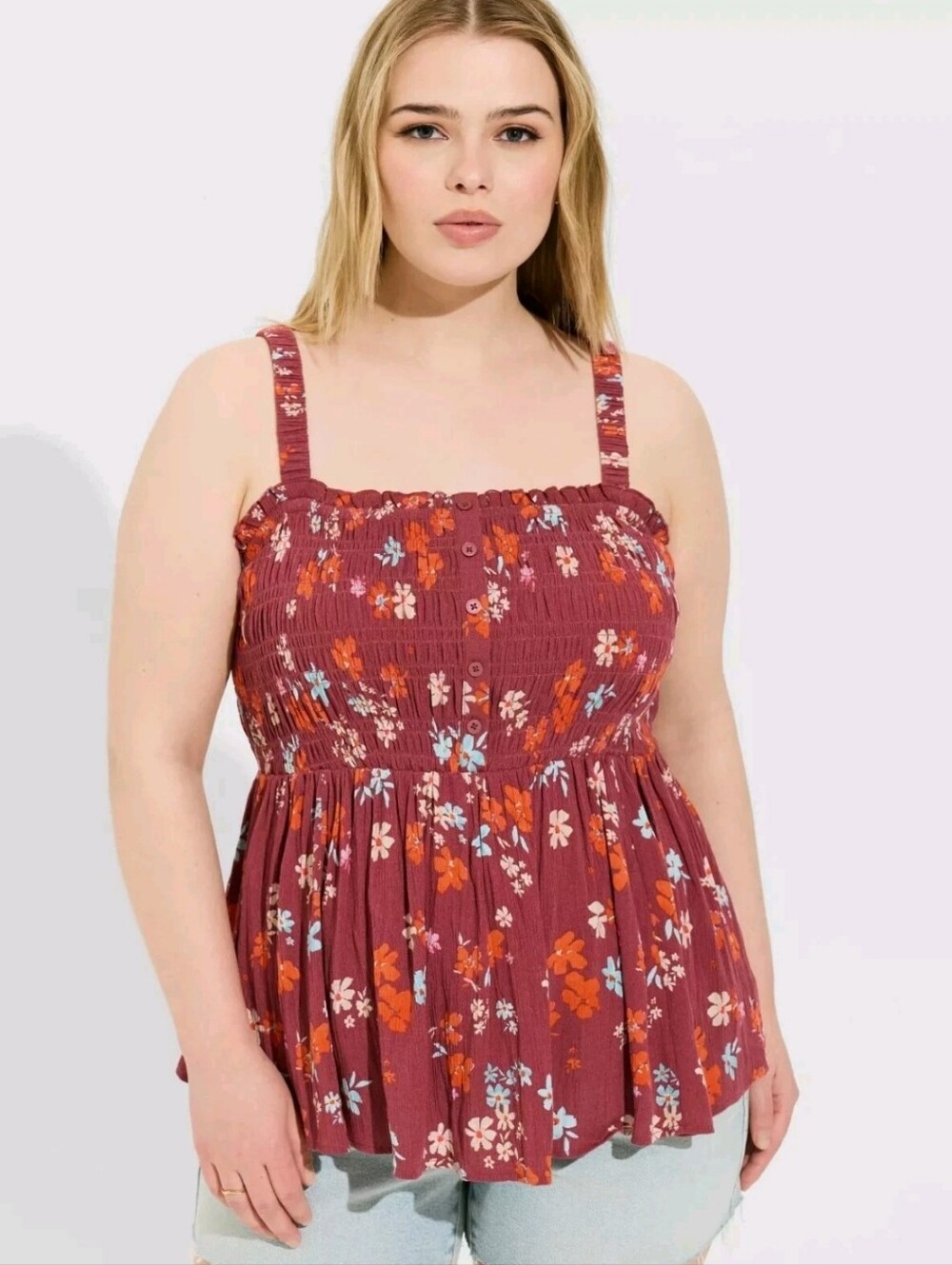 Torrid Babydoll Washable Gauze Smocked Floral Cami Plus Size 1x 1